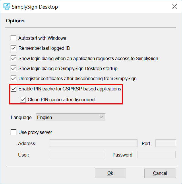 SimplySign Desktop Options Menu